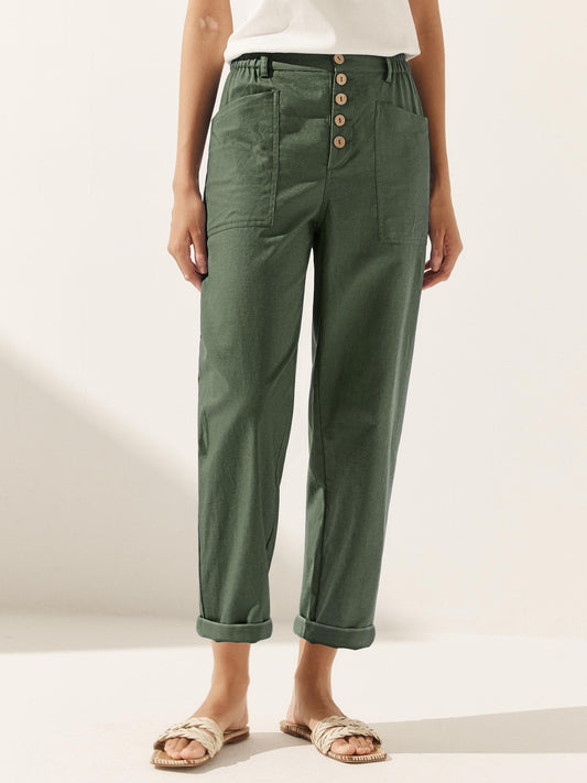 Linen Simple Button Fly Trousers HEIDI - Forest Green