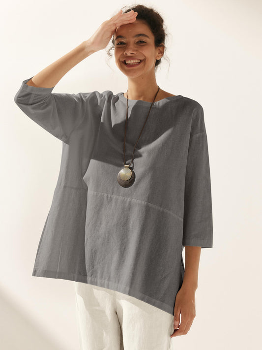 Linen White Boat Neck Oversized Top AVA - Neutral Grey