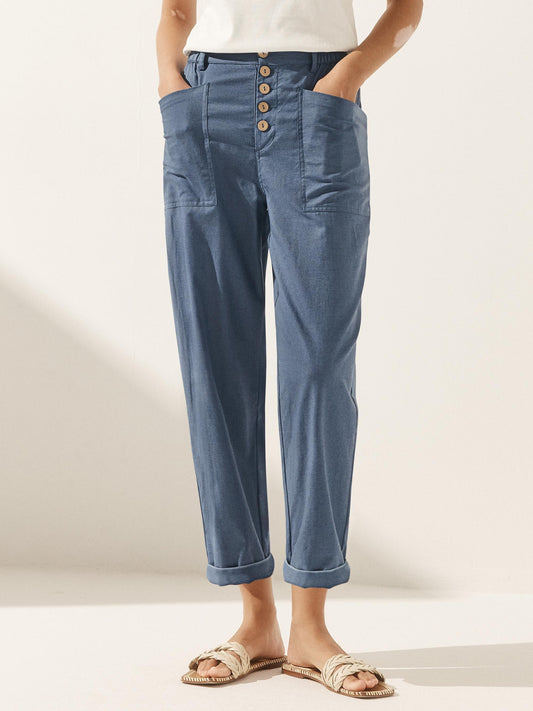 Linen Simple Button Fly Trousers HEIDI - Dusty Blue