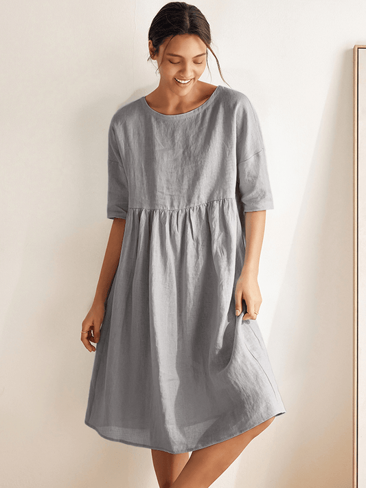 100% Linen A-Line Midi Dress VALENCIA - Neutral Grey