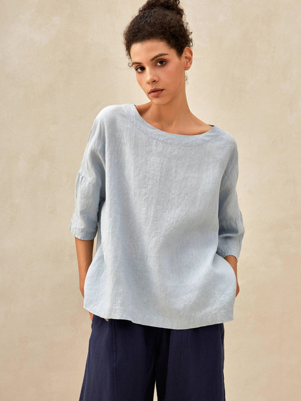 100% Linen Boatneck 3/4 Length Sleeve Top AURORA - Ice Blue