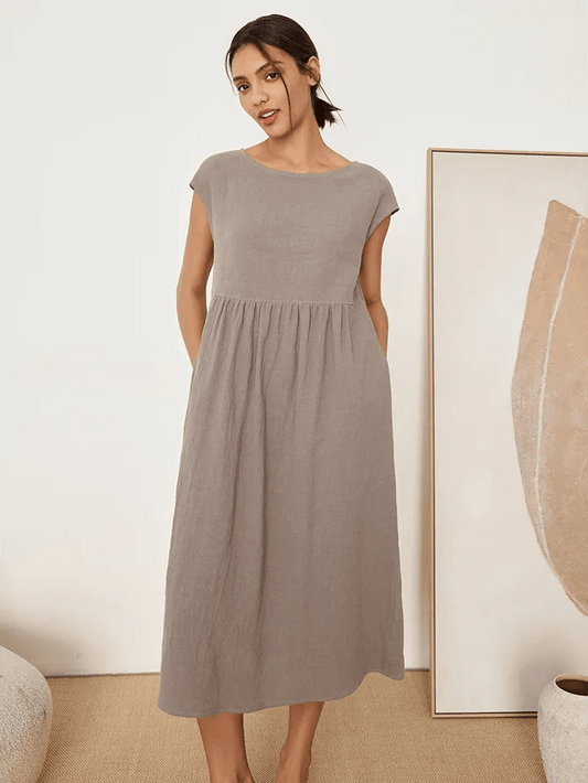 Linen Striped Cap Sleeve Washed Maxi Dress JOAN - Cloud Grey
