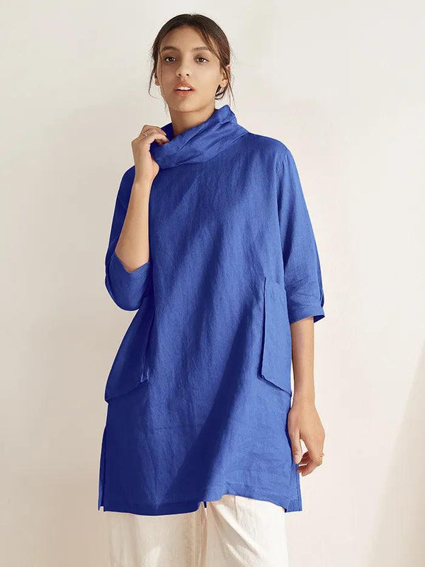 100% Linen Cowl Neck Oversized Tunic ELEANOR - Royal blue