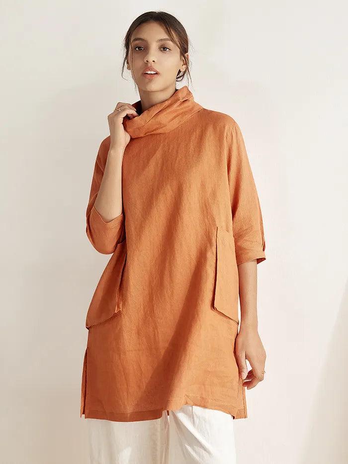 100% Linen Cowl Neck Oversized Tunic ELEANOR - Sun Orange