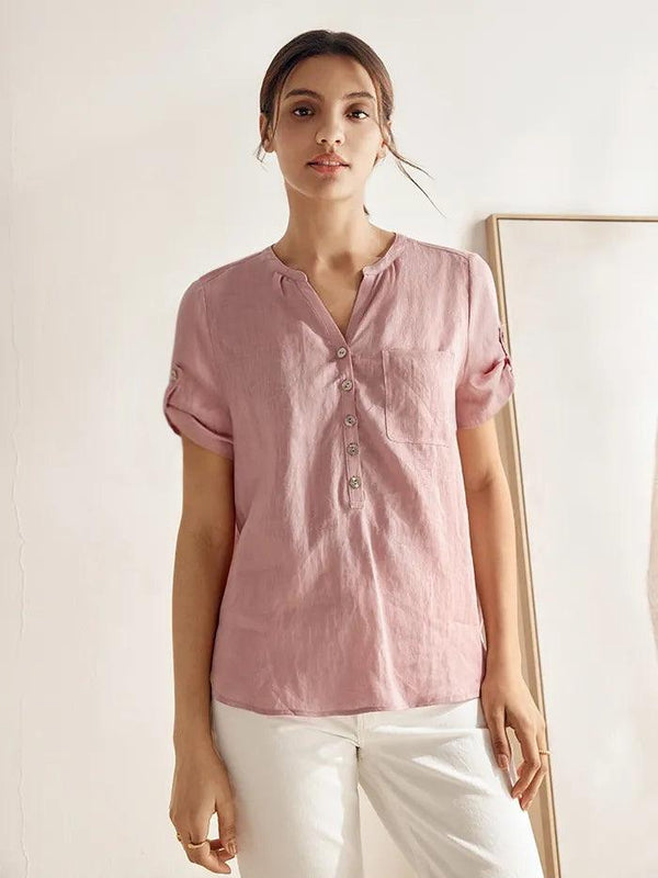 100% Linen Gathered-Neck Shirt URSULA - Light Pink