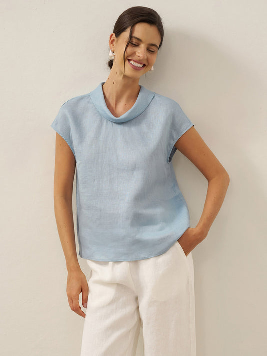 100% Linen Cap Sleeve Soft-Fold Collar Top YVONNE - Ice Blue