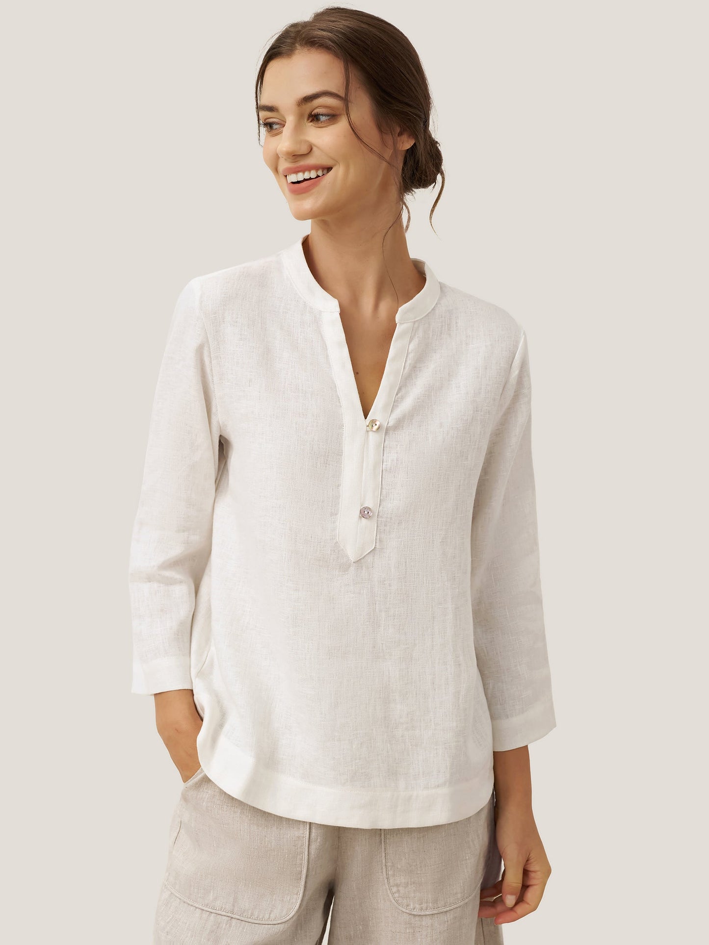 100% Linen Deep V-Neck Pullover with Button-Trim JOLYNE - Optic White