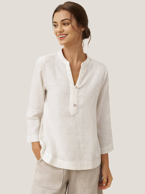 100% Linen Deep V-Neck Pullover with Button-Trim JOLYNE - Optic White