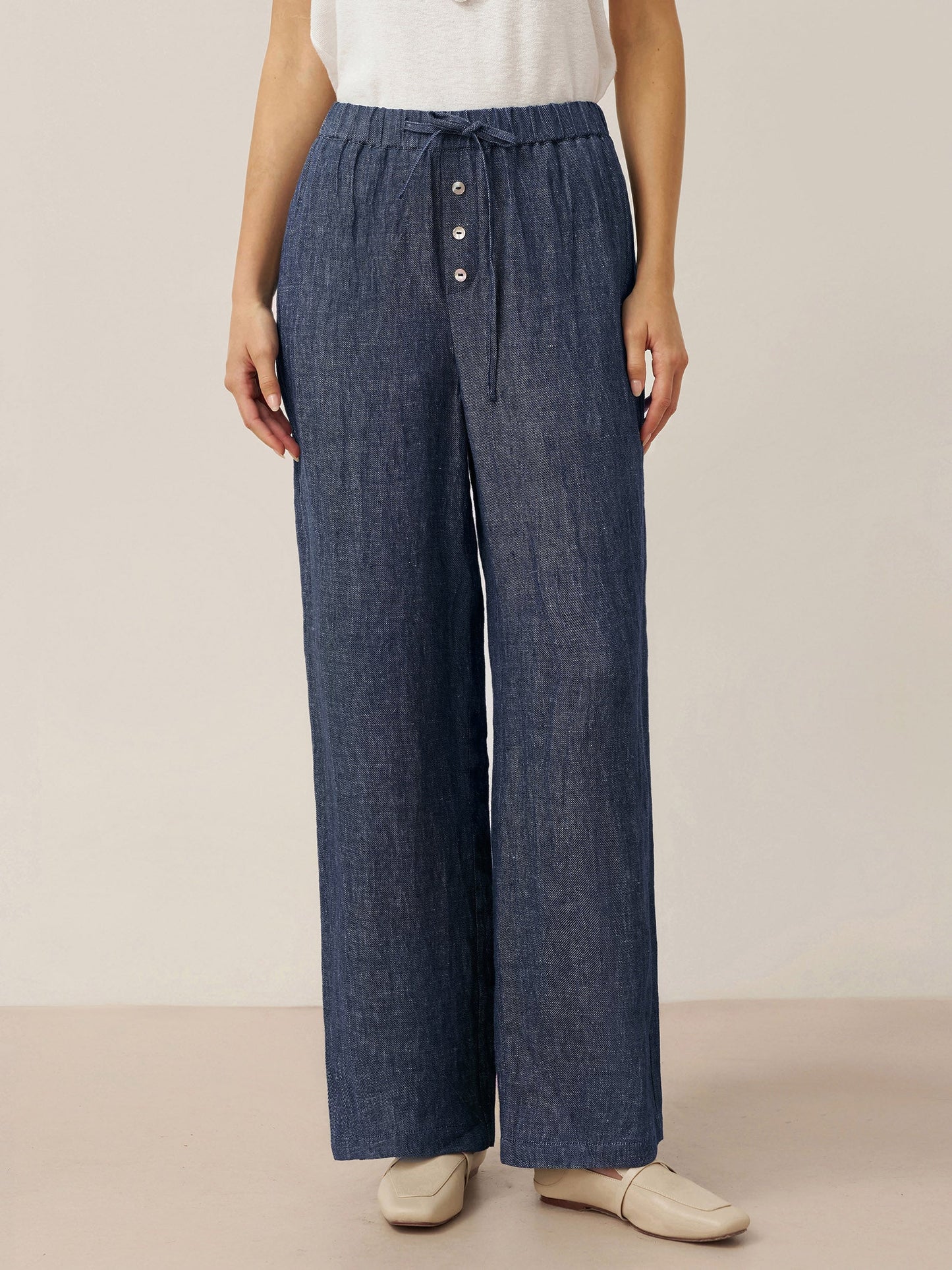 100% Linen Denim Texture Elastic Waist Straight Leg Pants HAZEL - Indigo Denim