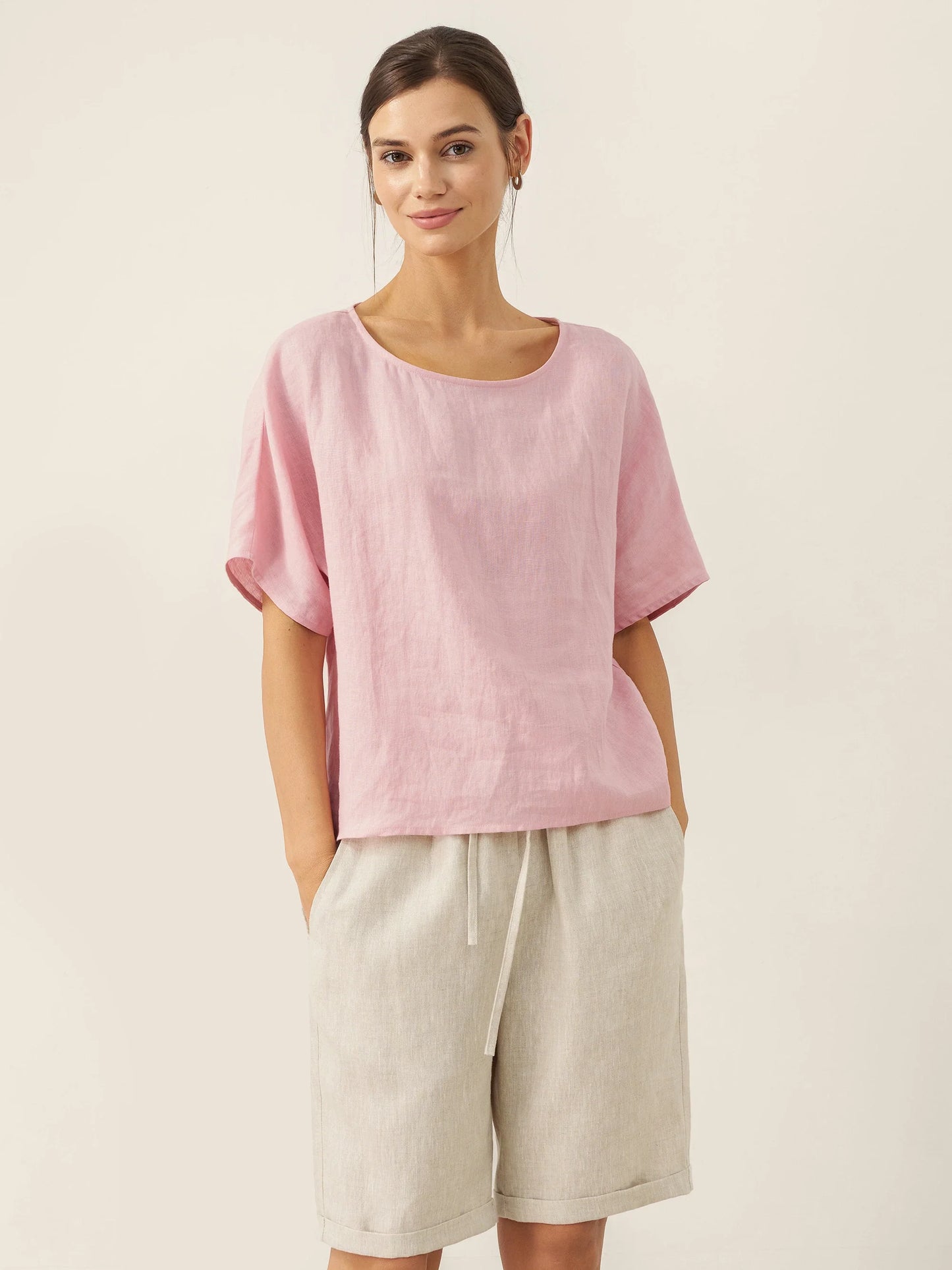 100% Linen Round Neck Back Opening Top URIELLE - Rosa