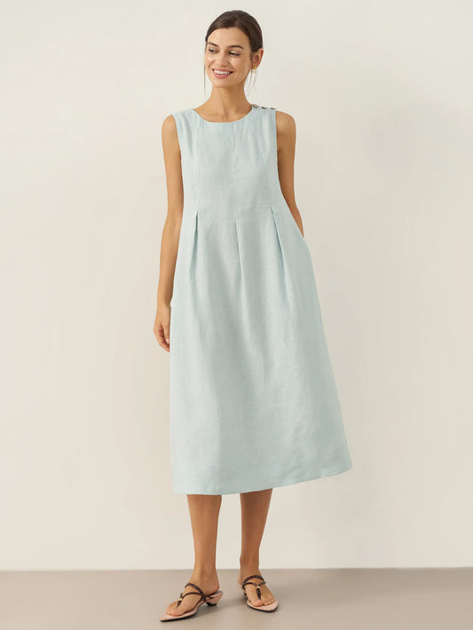 100% Linen Sleeveless Shoulder Button Midi Dress FREYA - Aqua Blue