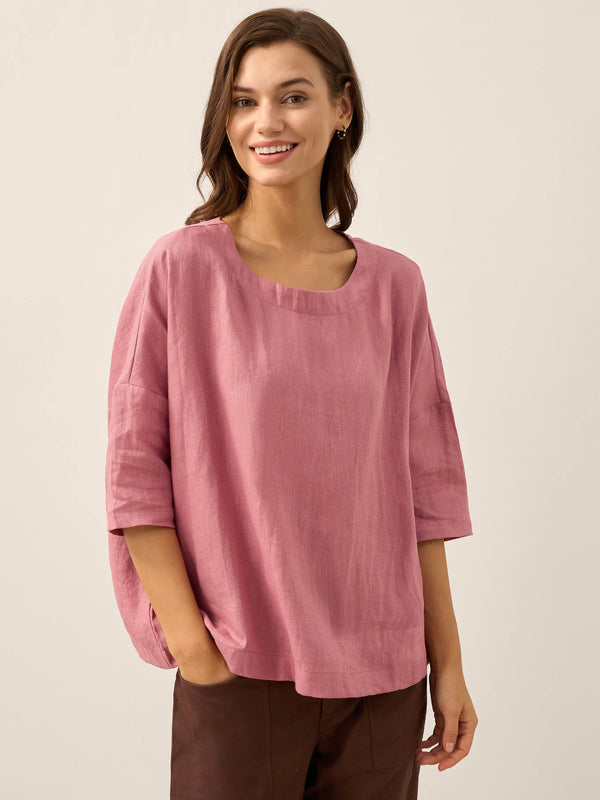 100% Linen Boatneck 3/4 Length Sleeve Top AURORA - Coral Pink