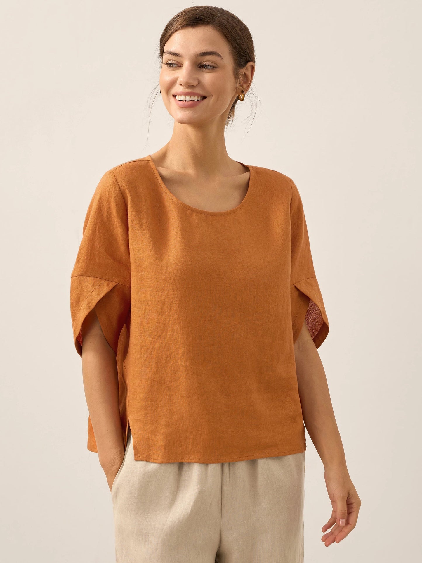 100% Linen Round Neck Petal-Sleeve Pullover LAUREL - Sun Orange