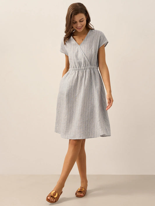 100% Linen Striped Elastic-Waist Midi Dress ARIA - Glacier Stripe