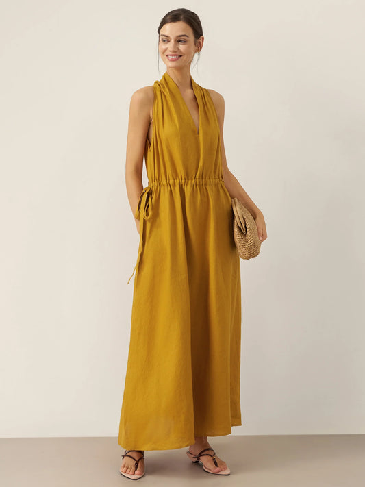 100% Linen V-Neck Halter Maxi Dress BETH - Honey Yellow