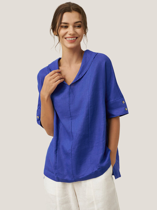 100% Linen V-Neck Short Sleeve Shirt SIERRA - Royal Blue