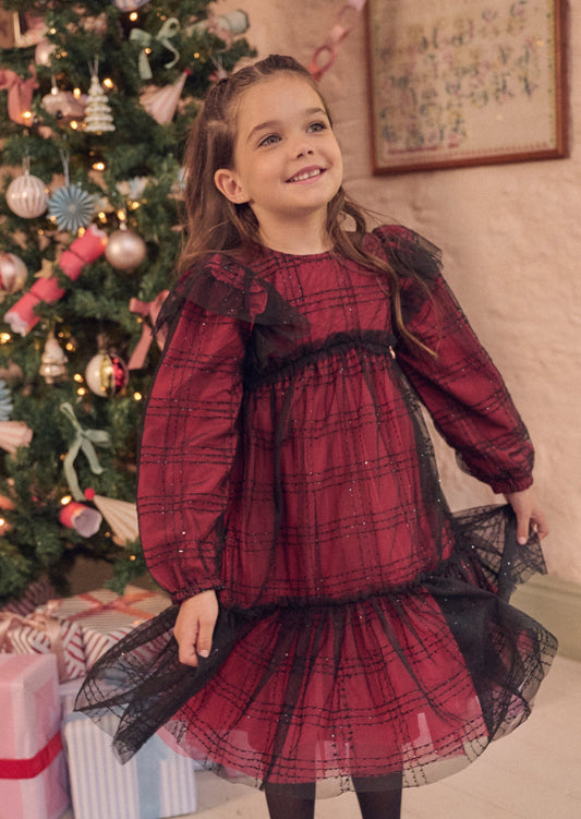 Girls Red Sequin Tartan Mesh Christmas Party Dress | Angel & Rocket