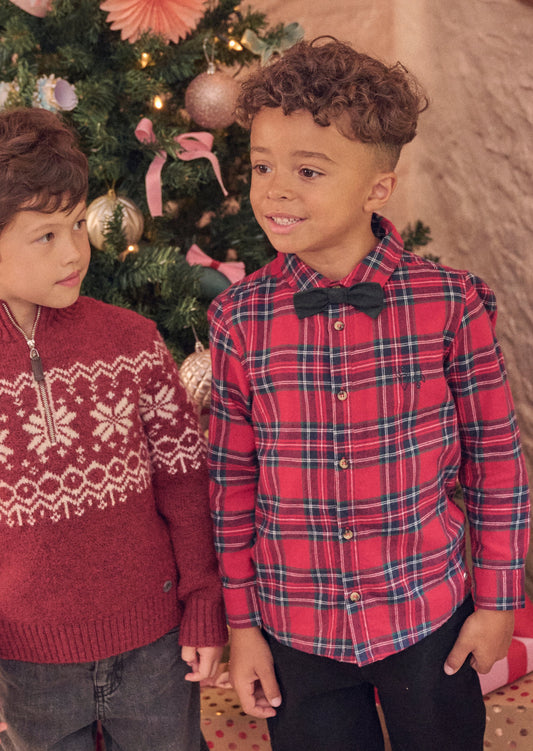 Boys Red Check Brushed Cotton Shirt with Bow Tie | Angel & Rocket