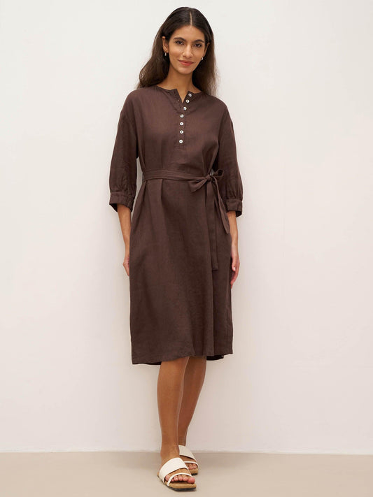 100% Linen Button Detail Midi Dress with Detachable Belt EIRA - Chicory Coffee