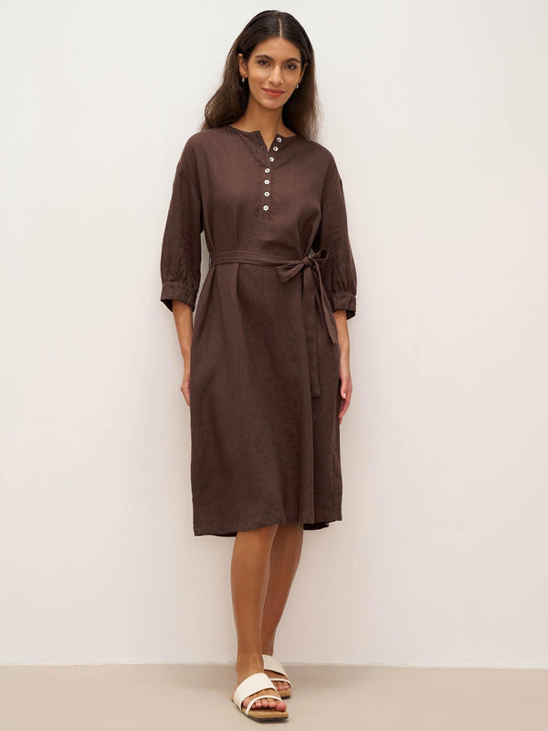 100% Linen Button Detail Midi Dress with Detachable Belt EIRA - Chicory Coffee