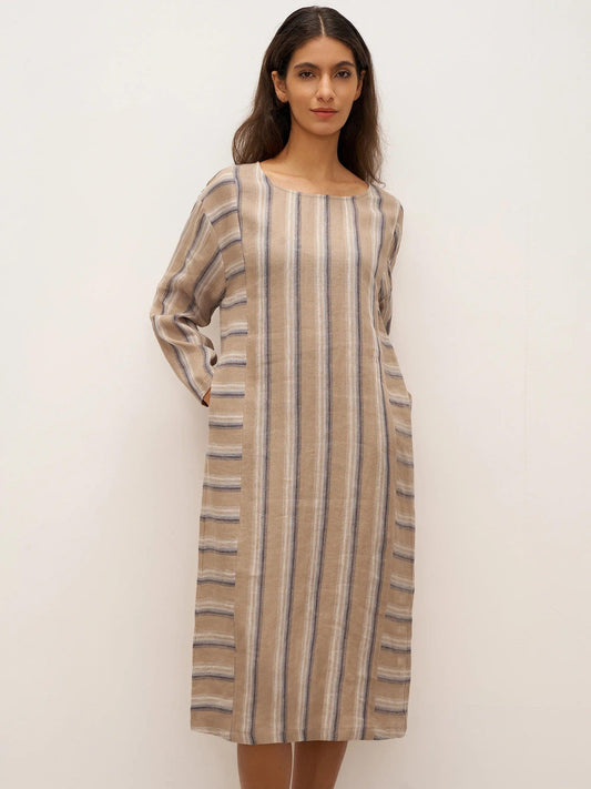 100% Linen Striped Crossweave Midi Dress ELSPETH - Brownie Stripe