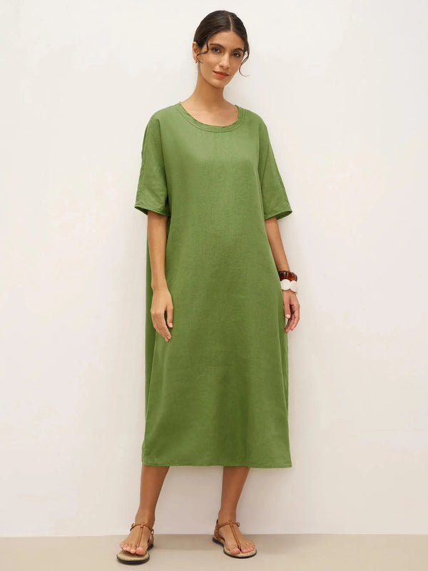 100% Linen Oversized O-Line Belted Midi Dress LORETTA—Multi-Way Wear - Sage Green