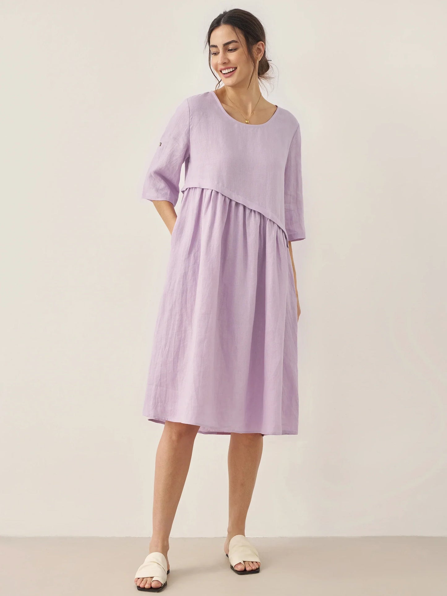 100% Linen Asymmetrical Pleated Round Neck Midi Dress YOLANDA - Lavender
