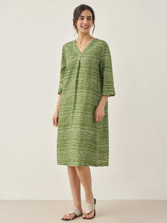 100% Linen V-Neck Dot Midi Dress LIRA - Meadow Dot