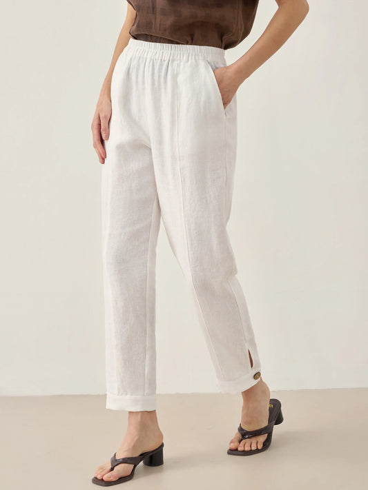 100% Linen Straight-Leg Pants with Elastic Waist PATRICE - Optic White