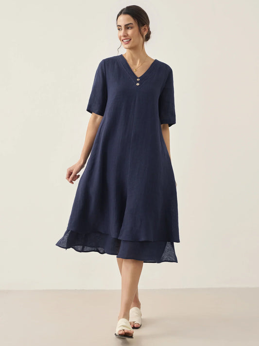 100% Linen V-Neck Double-Layer Midi Dress JAYDA - Navy Blue