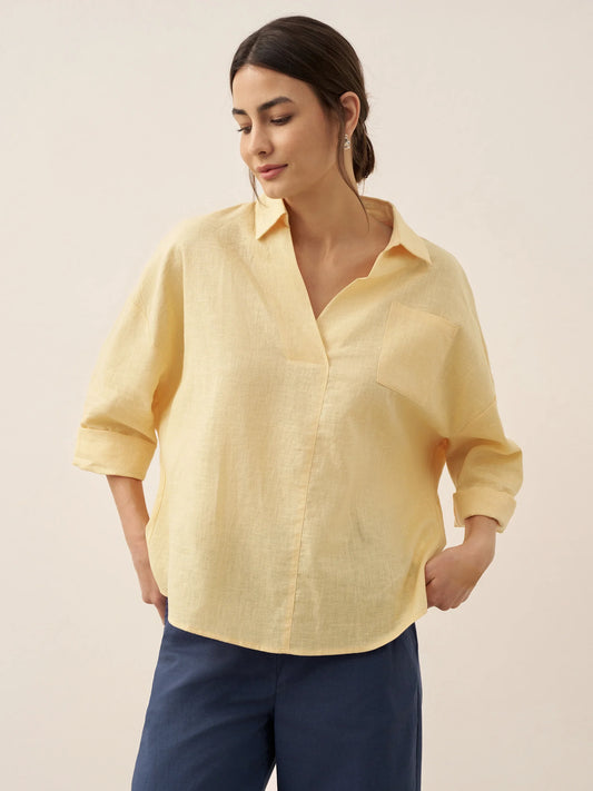 Linen Oversized Fit Pocket Shirt ELOWEN - Pale Yellow