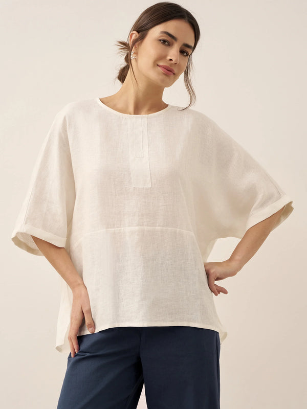 100% Linen Round Neck Mid-Sleeve Top ROBYN - Optic White