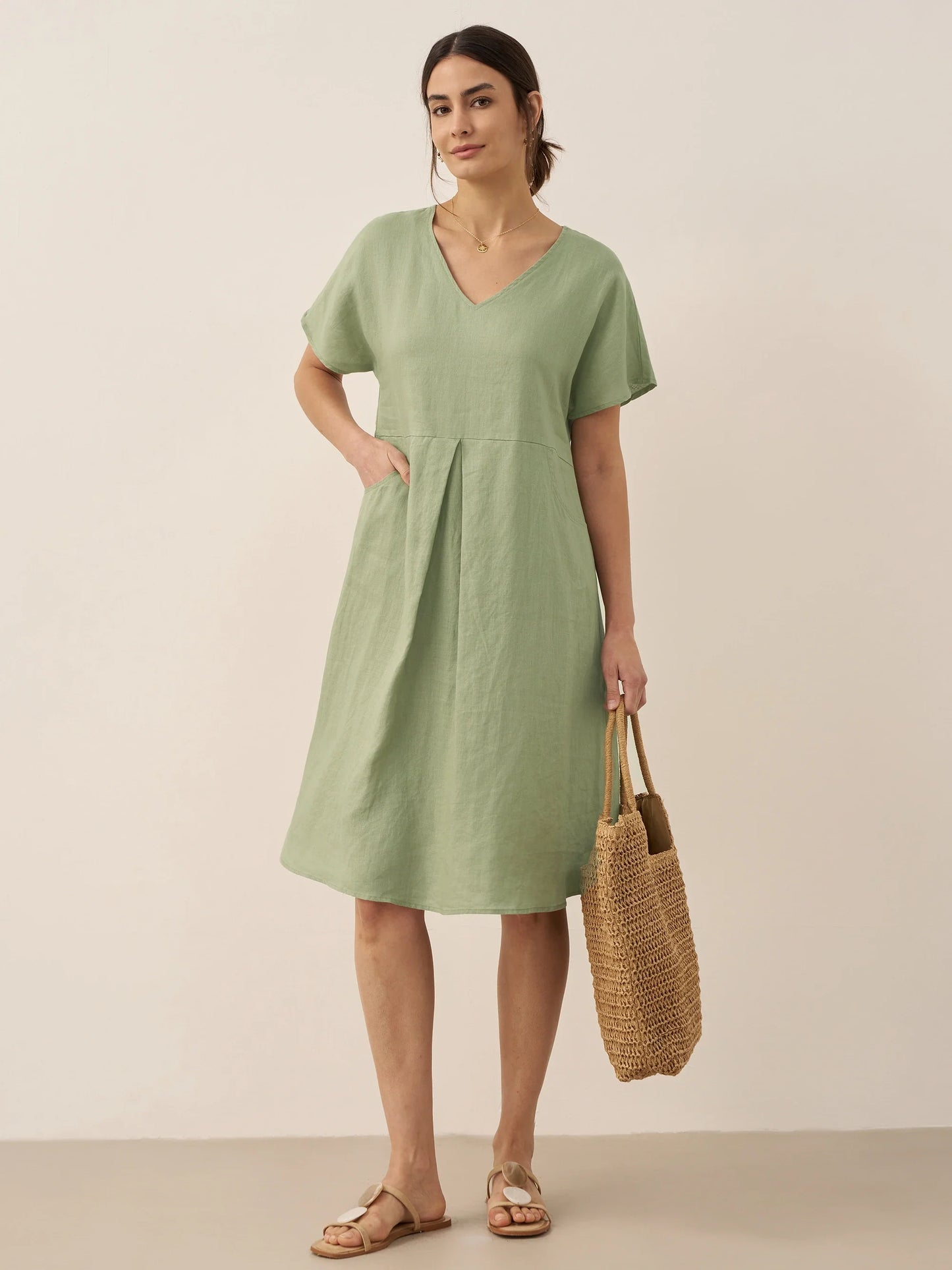 100% Linen V-Neck Pockets Swing Dress AINSLEY - Tarragon Green
