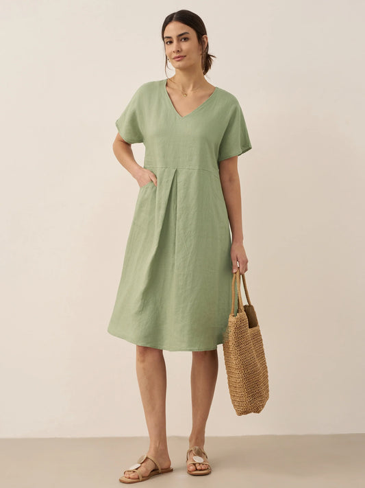 100% Linen V-Neck Pockets Swing Dress AINSLEY - Tarragon Green