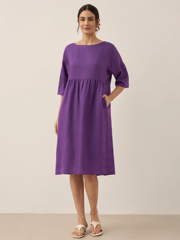 100% Linen A-Line Midi Dress VALENCIA - Dark Purple