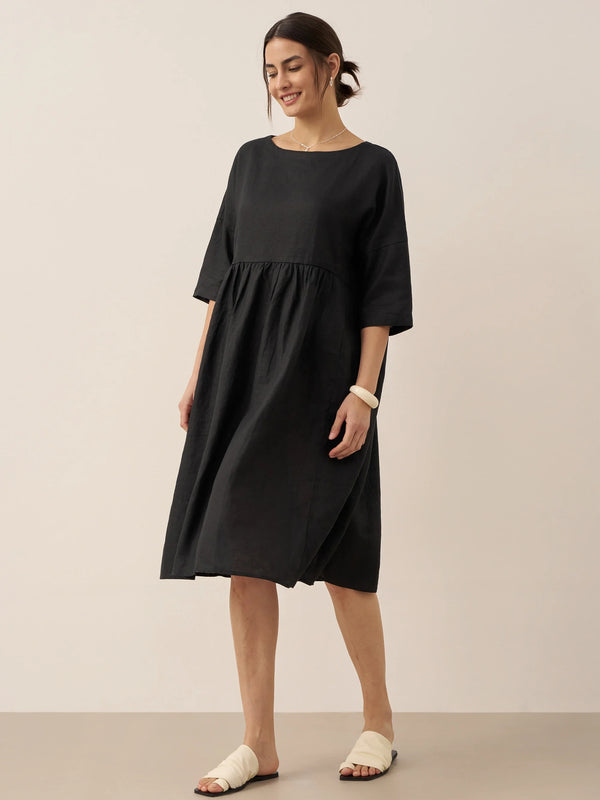 100% Linen A-Line Midi Dress VALENCIA - Charcoal Black