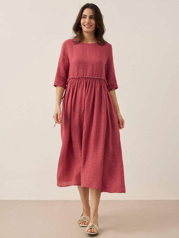 100% Linen Petal-Waist Drawstring Midi Dress JASMINE - Blush Red