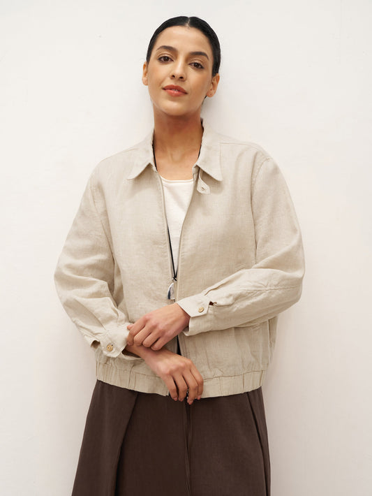 100% Linen Zipper Aviator Jacket ELIZA - Natural Linen