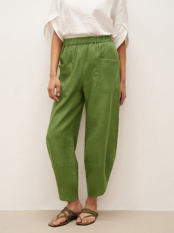 100% Linen Petal-Hem Trousers with Elastic Waist LIV - Sage Green