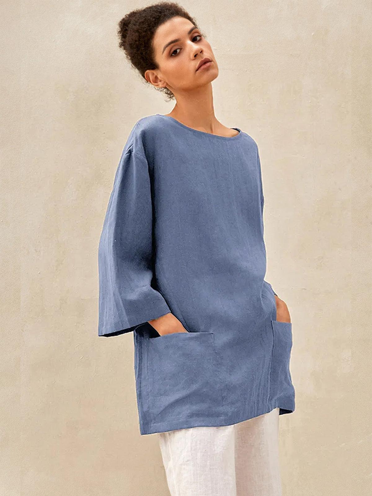 100% Linen Loose Long Shirt LILY - Dusty Blue