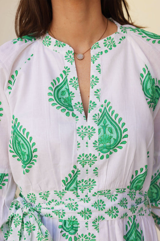 Aspiga Ladies Sustainable Cara Buta Dress Cotton Wildflower Floral Green White Summer Holiday