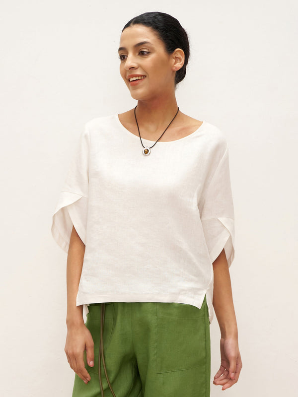 100% Linen Round Neck Petal-Sleeve Pullover LAUREL - Optic White