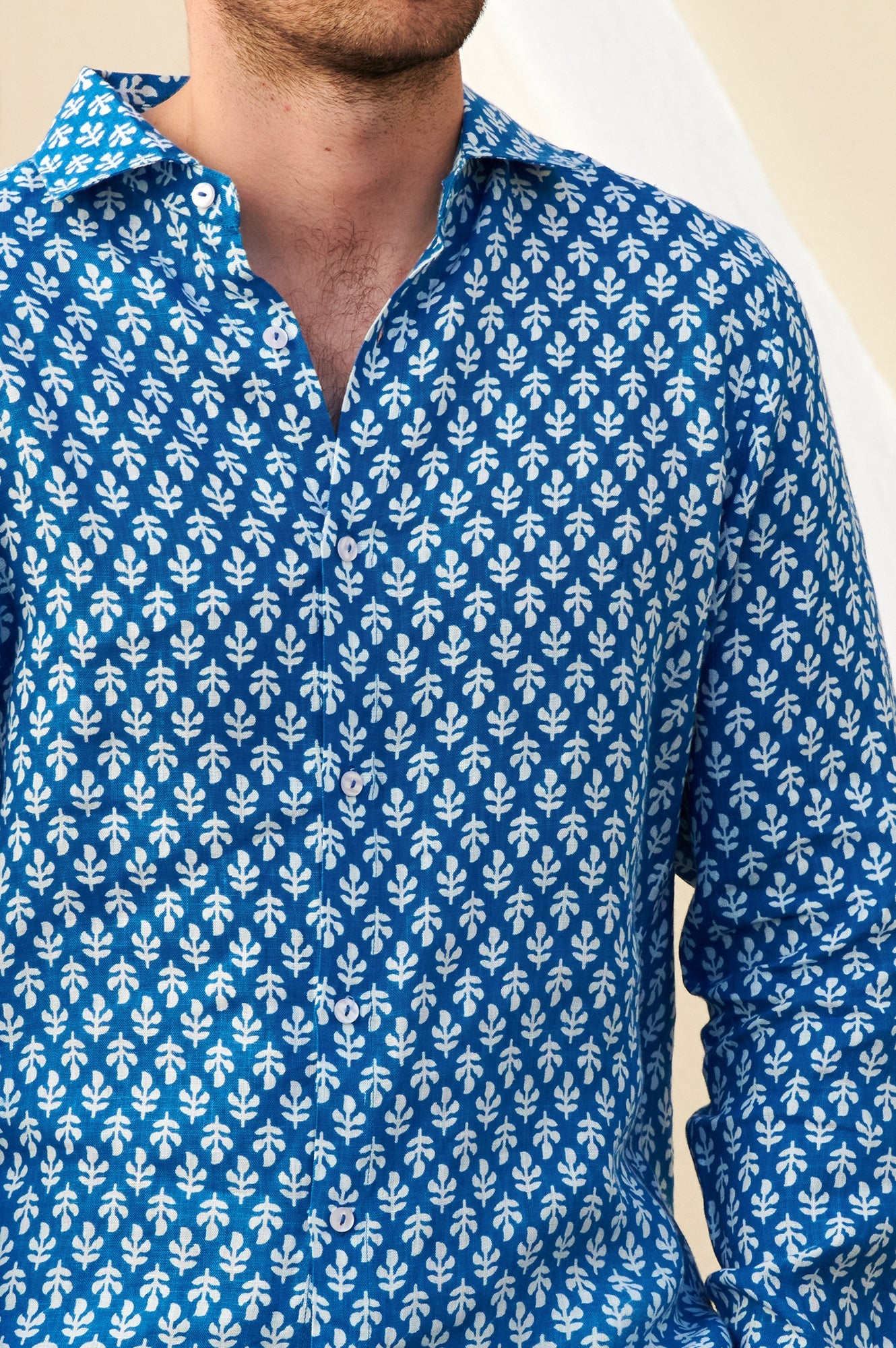 Aspiga Men's Sustainable Premium Linen Men's Printed Shirt Trident Pattern Summer Holiday Marina Blue/White S-XL