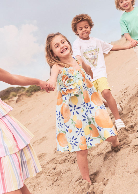 Girls Orange Print Corsage Swing Dress | Angel & Rocket