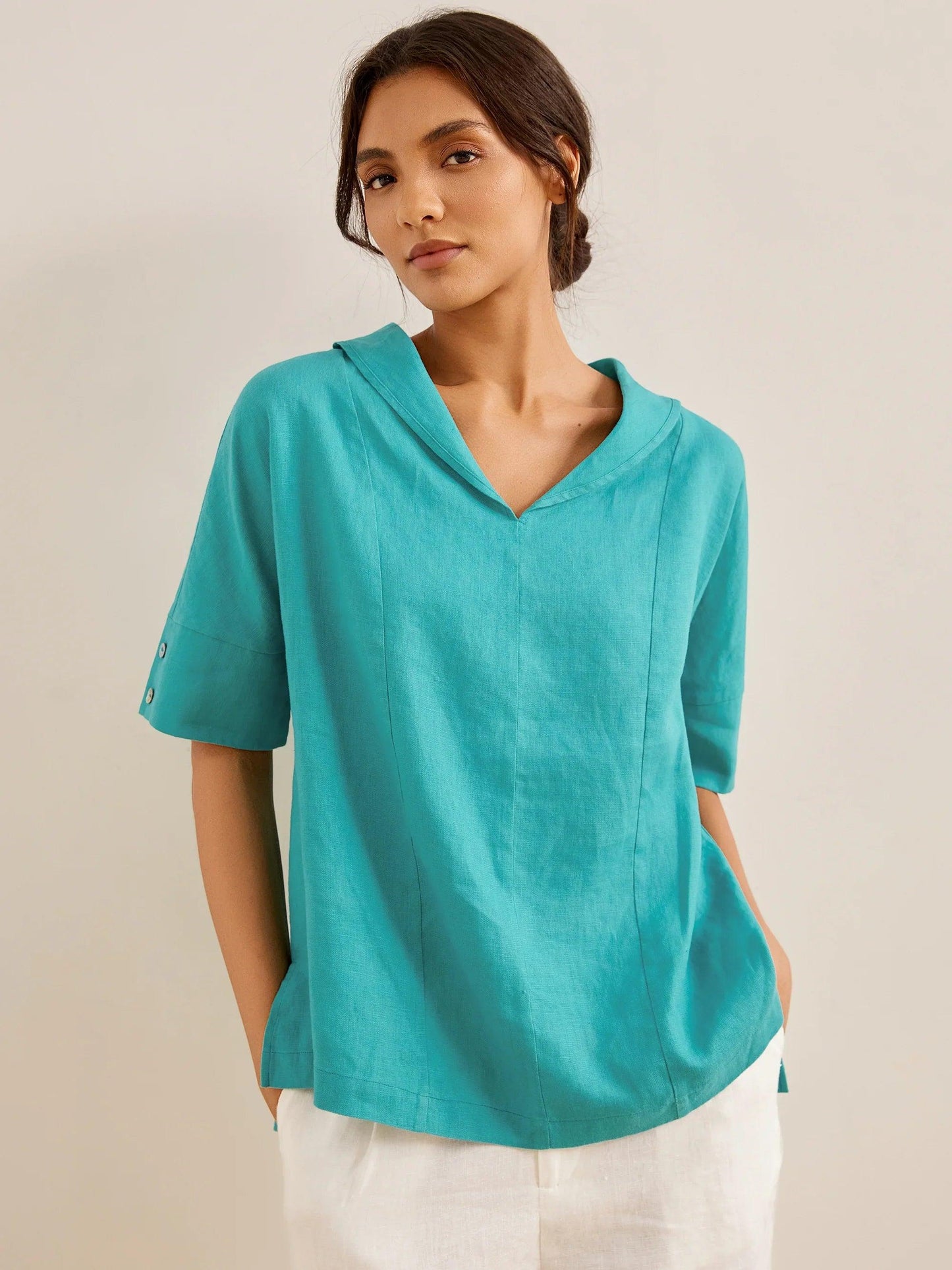 100% Linen V-Neck Short Sleeve Shirt SIERRA - Mint Lagoon