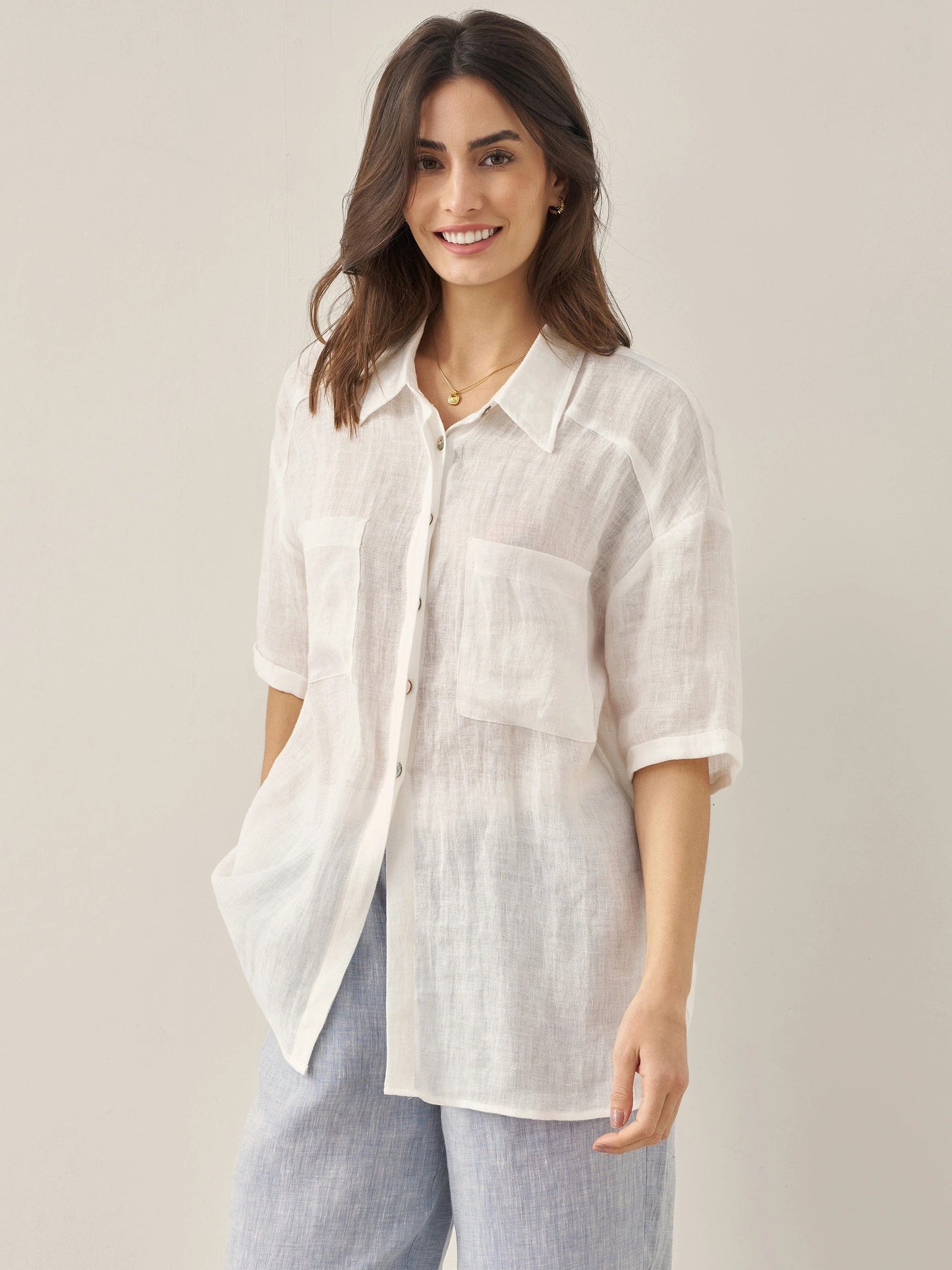 100% Linen Pocket Detail Button-Front Shirt CLARA - Optic White