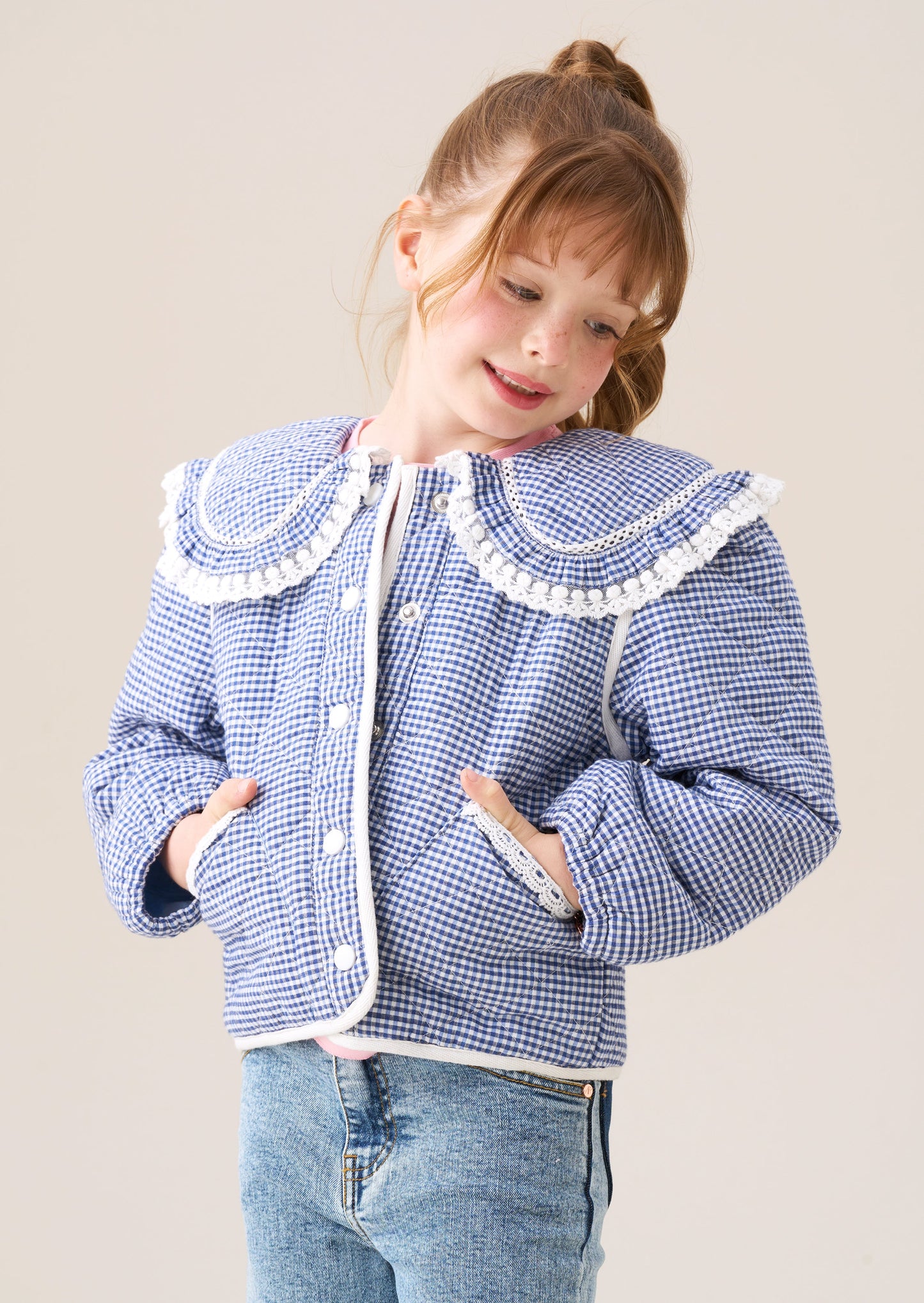 Girls Blue Gingham Quilted Jacket With Lace Collar | Angel & Rocket