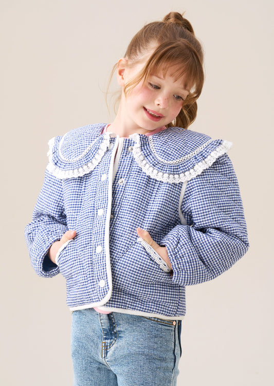Girls Blue Gingham Quilted Jacket With Lace Collar | Angel & Rocket