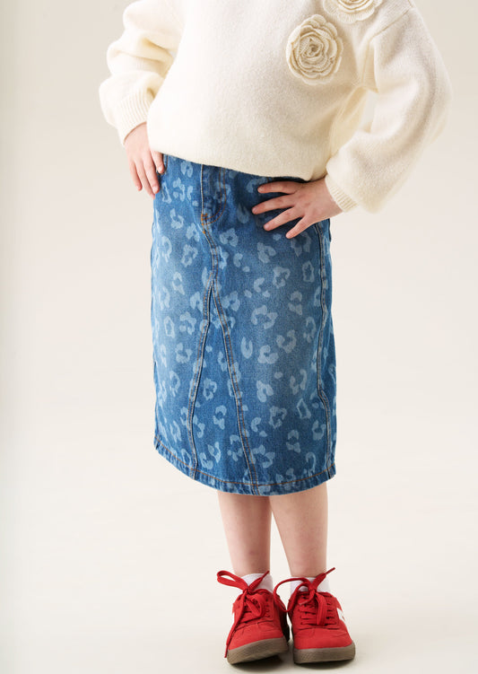 Girls Leopard Print Denim Midi Skirt | Angel & Rocket