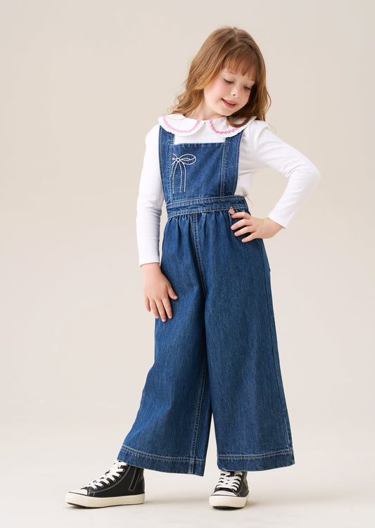 Girls Classic Denim Dungarees with Embroidered Bow Detail | Angel & Rocket